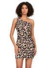 Gold ASHLEYlauren 4630 fully beaded cocktail dress featuring a one shoulder neckline, hand-beaded cheetah design, fitted skirt, and lace-up back for a bold and standout look.