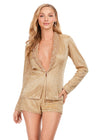 Gold ASHLEYlauren 4632 fully liquid beaded two-piece romper featuring a V-neckline, crystal and chunky stone-embellished lapel, and a bold, statement-making design perfect for any glamorous event.