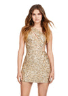 Gold ASHLEYlauren 4650 fully sequin cocktail dress featuring a one shoulder neckline, shark bite cut out at the waist with knot details, and a fitted skirt for a bold and glamorous look.