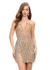 Gold ASHLEYlauren 4756 strapless cocktail dress featuring an illusion deep V-neckline, fully hand-beaded design, fringe-adorned skirt, and a right leg slit for a glamorous and show-stopping look.