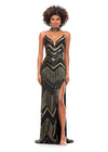 Gold/Black ASHLEYlauren 11259 art deco-inspired gown featuring a strapless bustier with built-in corset, intricate bead pattern, cascading fringe accents, left leg slit, and a beaded neck collar for a striking and elegant look.