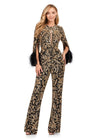 Gold/Black ASHLEYlauren 11394 extravagant fully beaded jumpsuit featuring a crew neckline, illusion cut-out, open back, and feathered cuffs for a bold and statement-making look.