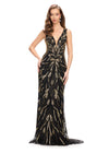 Gold/Black ASHLEYlauren 11669 Fully Beaded Gown with Illusion V-Neckline, Sheer Side Cut Outs, Low V-Back, and Fitted Silhouette