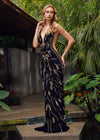 Gold/Black ASHLEYlauren 11669 Fully Beaded Gown with Illusion V-Neckline, Sheer Side Cut Outs, Low V-Back, and Fitted Silhouette