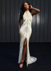 Gold/Ivory ASHLEYlauren 11177 – An intricately hand-beaded halter gown featuring a stunning beaded motif, low open back, center slit, and a sweeping train. Perfect for making a show-stopping statement at any event.