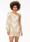 Gold/Ivory ASHLEYlauren 4497 fully hand-beaded cocktail dress featuring a one shoulder neckline, dramatic bishop sleeve, and fitted skirt for a glamorous and sophisticated look.
