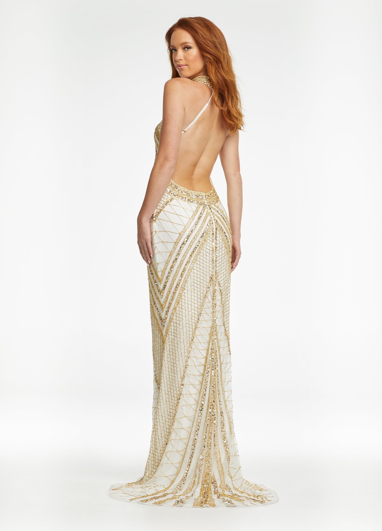 Back - ASHLEYlauren 11177 – An intricately hand-beaded halter gown featuring a stunning beaded motif, low open back, center slit, and a sweeping train. Perfect for making a show-stopping statement at any event.