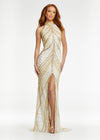 Gold/Ivory ASHLEYlauren 11177 – An intricately hand-beaded halter gown featuring a stunning beaded motif, low open back, center slit, and a sweeping train. Perfect for making a show-stopping statement at any event.