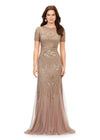 Gold/Rose Gold ASHLEYlauren 11215 Fully Hand Beaded Gown with Illusion Sweetheart Neckline, Intricate Sequin Motif, Short Sleeves, and Godet-Accented Mermaid Skirt