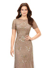 Gold/Rose Gold ASHLEYlauren 11215 Fully Hand Beaded Gown with Illusion Sweetheart Neckline, Intricate Sequin Motif, Short Sleeves, and Godet-Accented Mermaid Skirt