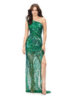 Green ASHLEYlauren 11207 One-Shoulder Sequin Gown with Asymmetrical Wrap Bead Pattern, Illusion Cut-Out, Slit, and Sweep Train