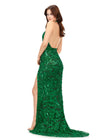 Back - Green ASHLEYlauren 11283 halter gown featuring a V-neckline, open back, intricate beading throughout, and a left leg slit.