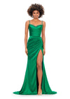 Green ASHLEYlauren 11298 satin gown featuring a modified sweetheart neckline with crystal trim, ruched bodice, wrap skirt with left leg slit, and lace-up back.