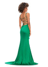 Back - Green ASHLEYlauren 11298 satin gown featuring a modified sweetheart neckline with crystal trim, ruched bodice, wrap skirt with left leg slit, and lace-up back.
