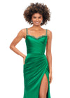 Green ASHLEYlauren 11298 satin gown featuring a modified sweetheart neckline with crystal trim, ruched bodice, wrap skirt with left leg slit, and lace-up back.