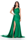 Green ASHLEYlauren 11537 one shoulder satin gown featuring a ruched bustier, beaded crystal straps and waist accents, and a draped side skirt for an elegant, glamorous finish.