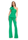 Green ASHLEYlauren 11699 Scuba Jumpsuit with One Shoulder Neckline, Statement Oversized Bow, and Structured Peplum Waist