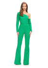 Green ASHLEYlauren 11763 Statement One Shoulder Scuba Jumpsuit with Asymmetric Off the Shoulder Sleeve