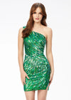 Green ASHLEYlauren 4509 hand-beaded cocktail dress featuring a one shoulder neckline, illusion side cut-out, perfectly placed bead pattern to accentuate curves, a fitted skirt, and full zipper back for a glamorous and elegant look.