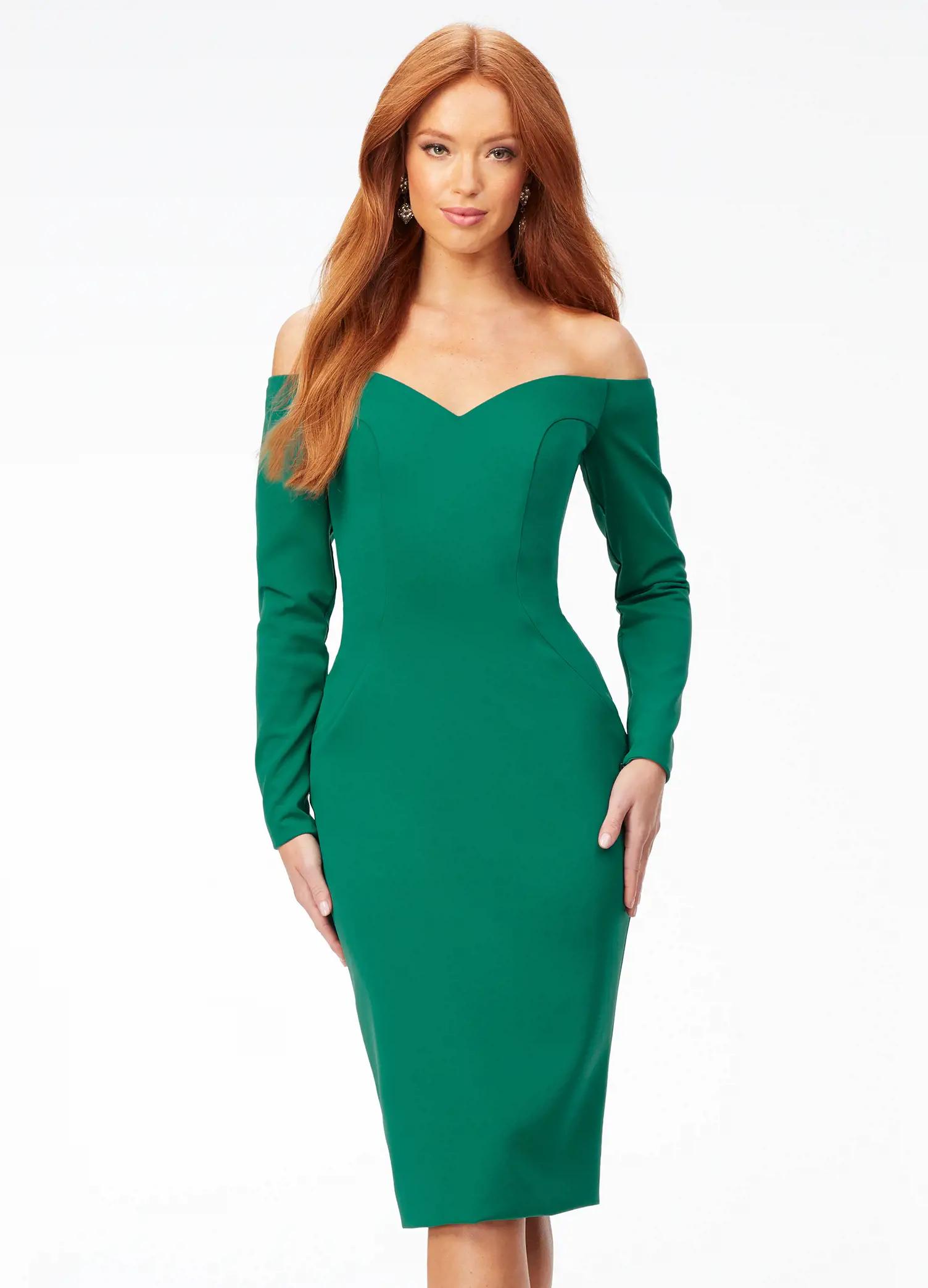 Green ASHLEYlauren 4514 elegant off shoulder scuba gown featuring long sleeves, a tea-length fitted skirt, high back with exposed zipper, and back center vent for a sophisticated and timeless look.