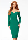 Green ASHLEYlauren 4514 elegant off shoulder scuba gown featuring long sleeves, a tea-length fitted skirt, high back with exposed zipper, and back center vent for a sophisticated and timeless look.