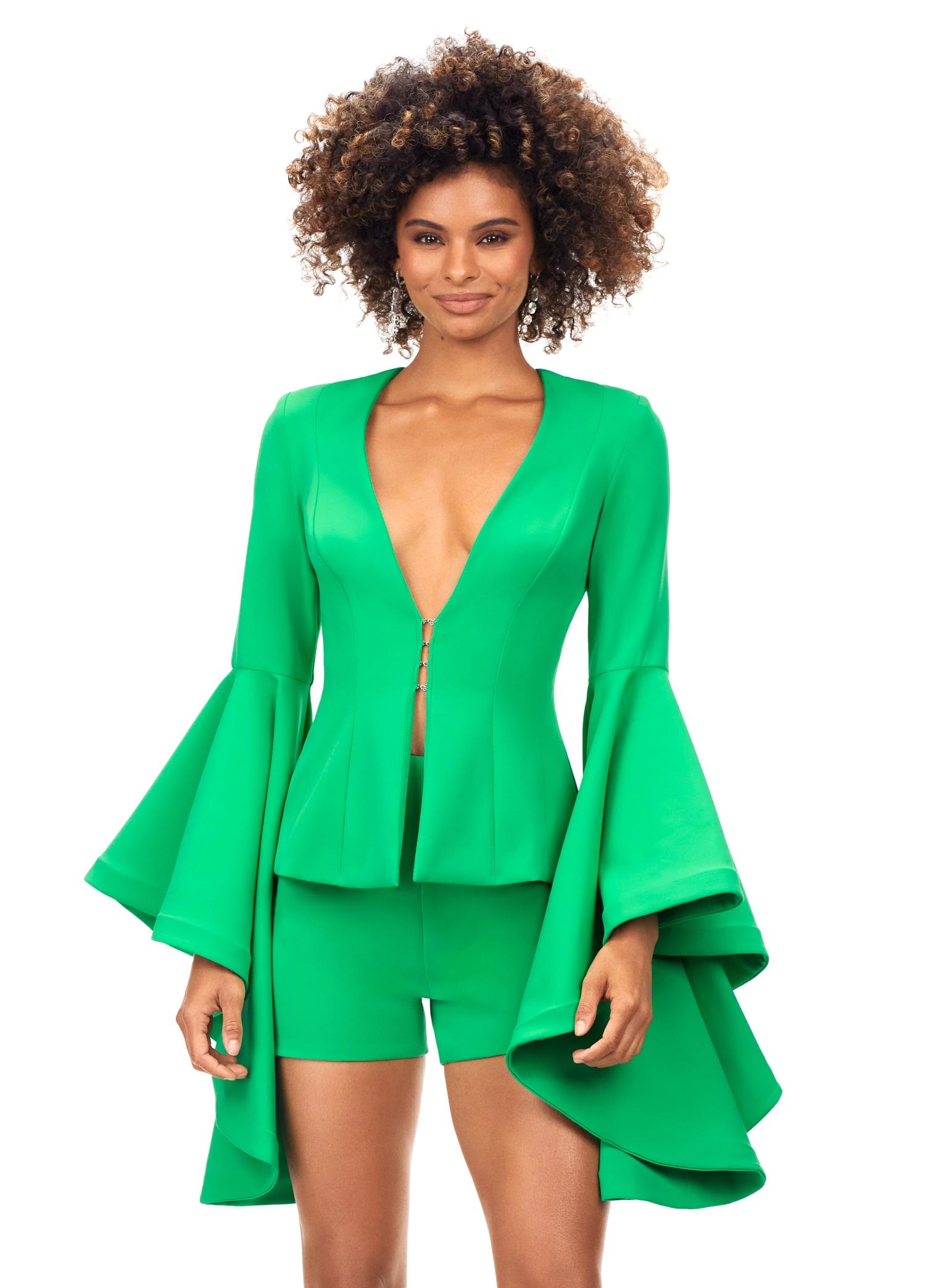 Green ASHLEYlauren 4572 two-piece romper featuring a deep V-neckline, dramatic bell sleeves, and a sleek fitted design for a bold and fashionable statement look.