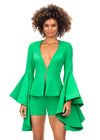 Green ASHLEYlauren 4572 two-piece romper featuring a deep V-neckline, dramatic bell sleeves, and a sleek fitted design for a bold and fashionable statement look.