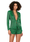 Green ASHLEYlauren 4632 fully liquid beaded two-piece romper featuring a V-neckline, crystal and chunky stone-embellished lapel, and a bold, statement-making design perfect for any glamorous event.