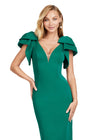 Green ASHLEYlauren 4656 – A chic scuba cocktail dress featuring a deep illusion V-neckline, oversized bow details, and a fitted skirt for a flattering and stylish look. Perfect for any special occasion.