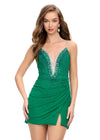 Green ASHLEYlauren 4716 Cocktail Dress with Illusion V-Neckline, Corset Bustier, and Wrap Skirt