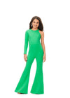 Green ASHLEYlauren Kids 8159 chic scuba jumpsuit featuring a crew neckline, one long sleeve design, and flare pants for a modern and stylish look, perfect for any special occasion.