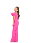 Back - Pink ASHLEYlauren 8307 Jersey Jumpsuit with Off-Shoulder Bow Accents, Scoop Neckline, and V-Back