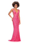 Pink ASHLEYlauren 11081 Hand Beaded Gown with Deep V-Neckline, V-Back, and Illusion Cut Outs