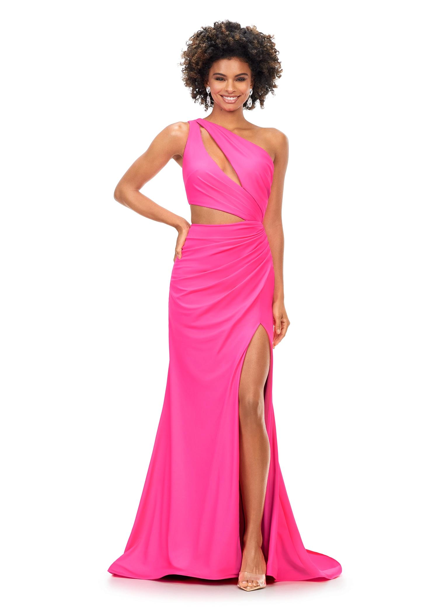 Hot Pink ASHLEYlauren 11303 One Shoulder Jersey Gown with Ruched Bodice, Asymmetrical Cut Outs, Fitted Wrap Skirt, and Exposed Metal Zipper Back