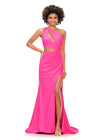 Hot Pink ASHLEYlauren 11303 One Shoulder Jersey Gown with Ruched Bodice, Asymmetrical Cut Outs, Fitted Wrap Skirt, and Exposed Metal Zipper Back