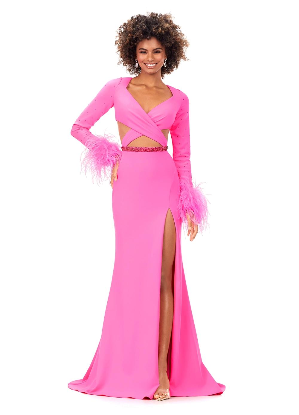 Hot Pink ASHLEYlauren 11308 striking scuba gown featuring a deep V-neckline, criss-cross cut out bodice, crystal waistline, long sleeves adorned with heat-set stones and feather trim, a fitted skirt, and a left leg slit for a bold and glamorous statement look.