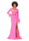 Hot Pink ASHLEYlauren 11308 striking scuba gown featuring a deep V-neckline, criss-cross cut out bodice, crystal waistline, long sleeves adorned with heat-set stones and feather trim, a fitted skirt, and a left leg slit for a bold and glamorous statement look.