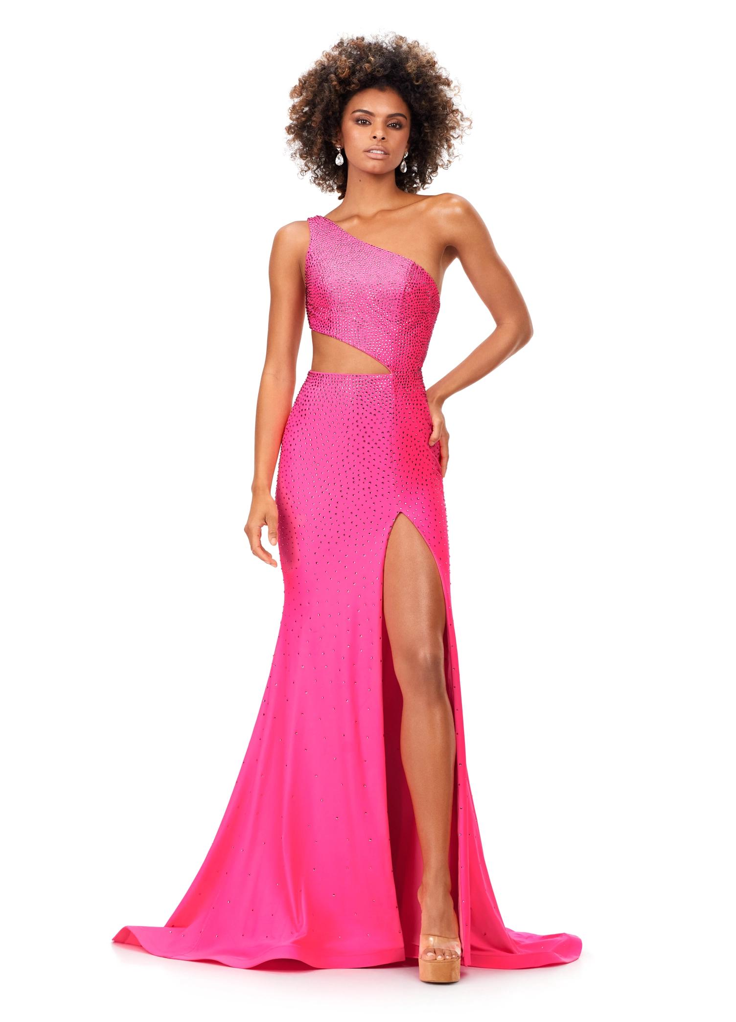 Hot Pink ASHLEYlauren 11337 One Shoulder Fitted Jersey Gown Embellished with Heat Set Stones, Asymmetrical Shark Bite Cut Out, and Left Leg Slit