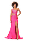 Hot Pink ASHLEYlauren 11337 One Shoulder Fitted Jersey Gown Embellished with Heat Set Stones, Asymmetrical Shark Bite Cut Out, and Left Leg Slit
