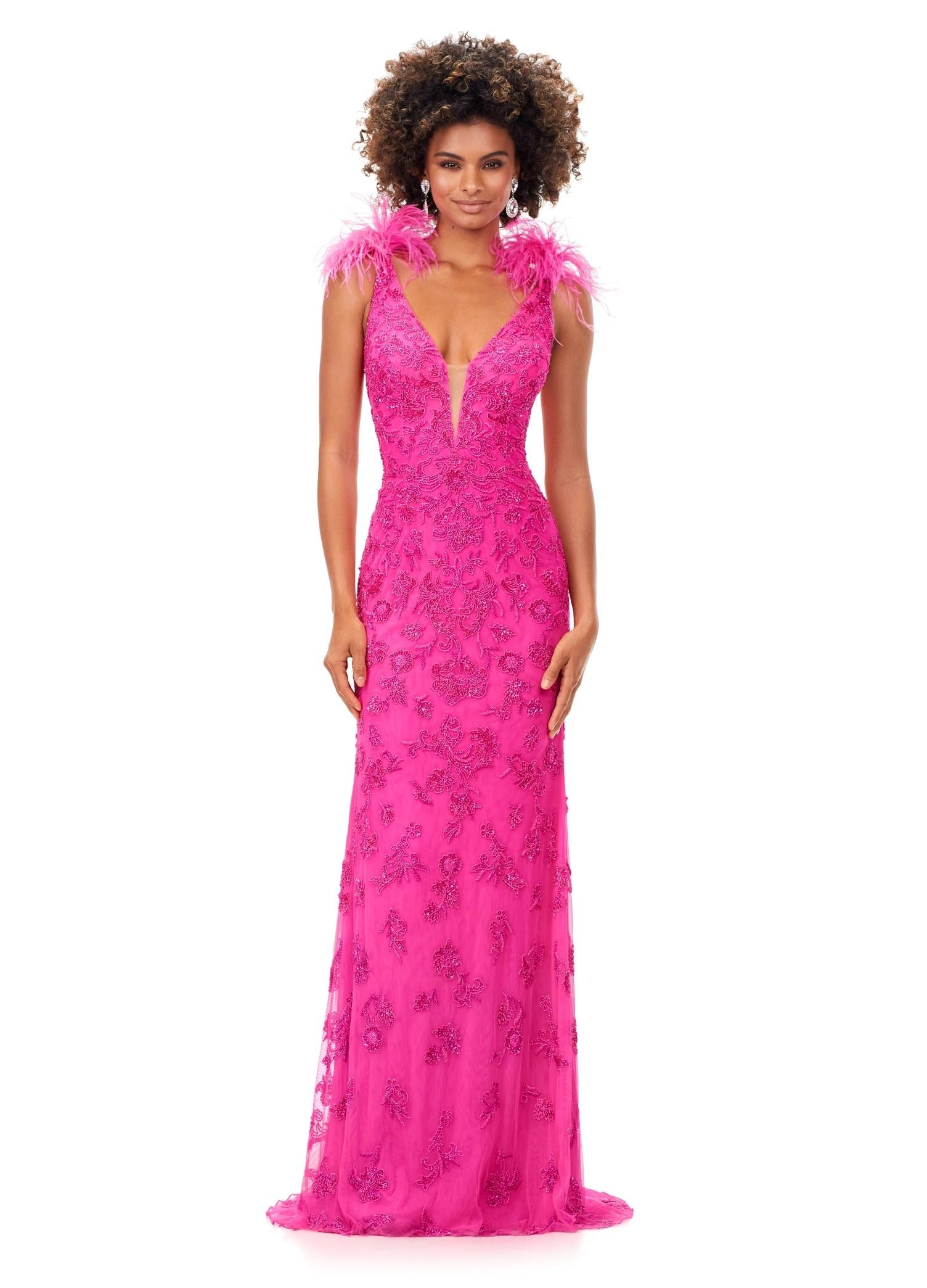 Hot Pink ASHLEYlauren 11349 beaded gown featuring a V-neckline, feather shoulder details, V-back, and a sweep train for an elegant and dramatic look.