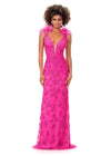 Hot Pink ASHLEYlauren 11349 beaded gown featuring a V-neckline, feather shoulder details, V-back, and a sweep train for an elegant and dramatic look.