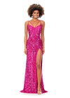 Hot Pink ASHLEYlauren 11363 stunning hand-beaded gown featuring a sweetheart neckline, delicate spaghetti straps, an open back, and an intricate sequin pattern cascading throughout, complete with a left leg slit for a bold and glamorous look.