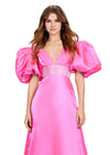 ASHLEYlauren 11379 | Hot-Pink Elegant Shimmer Satin A-Line Gown with V-Neckline, V-Back, Oversized Puff Sleeves, and Heat Set Detailed Waistband