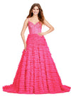 Hot Pink ASHLEYlauren 11427 breathtaking ball gown featuring a fully beaded bustier, sweetheart neckline, and a voluminous tiered tulle skirt for an enchanting and regal look.