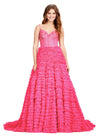 Hot Pink ASHLEYlauren 11427 breathtaking ball gown featuring a fully beaded bustier, sweetheart neckline, and a voluminous tiered tulle skirt for an enchanting and regal look.
