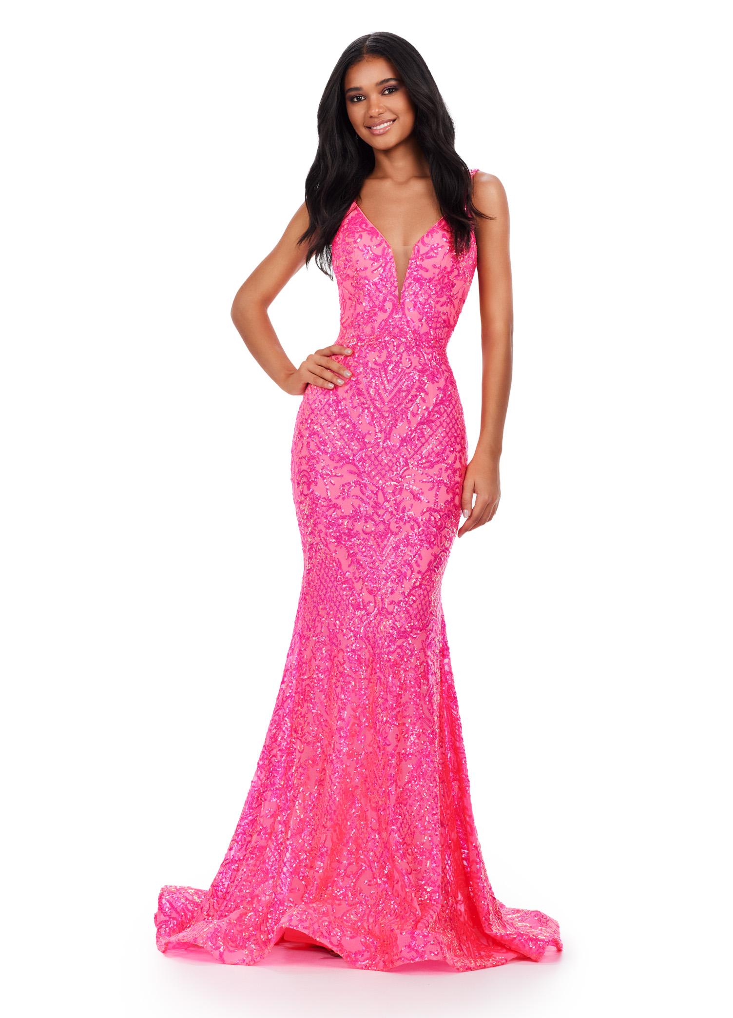 Hot Pink ASHLEYlauren 11466 fitted stretch sequin gown with V-neckline and deep V-back