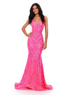 Hot Pink ASHLEYlauren 11466 fitted stretch sequin gown with V-neckline and deep V-back