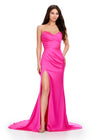 Hot Pink ASHLEYlauren 11605 Timeless Strapless Satin Gown with Sweetheart Neckline, Ruched Detailing, Lace Up Back, and Right Leg Slit