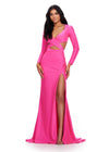 Hot Pink ASHLEYlauren 11607 Unique Jersey Gown with V-Neckline, Long Sleeves, Crisscross Cut Out Wrap Bustier, Draped Fitted Skirt, and Left Leg Slit