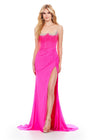 Hot Pink ASHLEYlauren 11616 Spaghetti Strap Gown with Beaded Corset Bustier, Press On Stone Embellishments, and Left Leg Slit